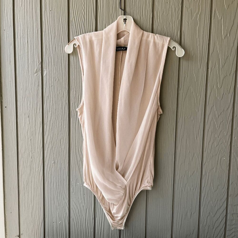 Akira Blush Drape Front Bodysuit Sz L Deep V Snap Closure Sleeveless Sexy